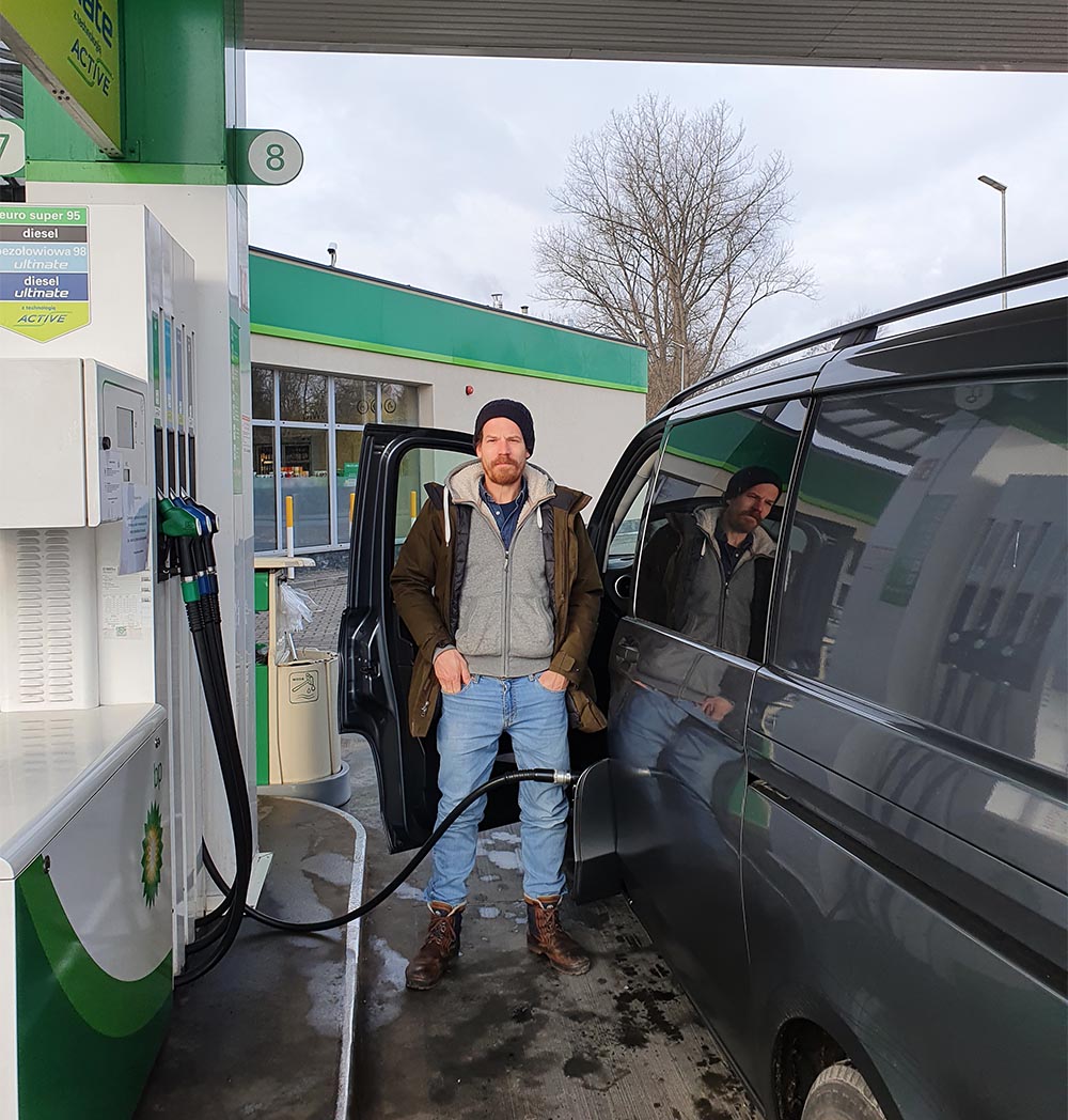Jakob fueling the van in Krakow